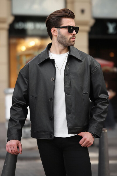 Premium Quality Water Repellent Oversized Black Men's Leather Jacket Comfortable Fit, Trendy, with Pockets - 3