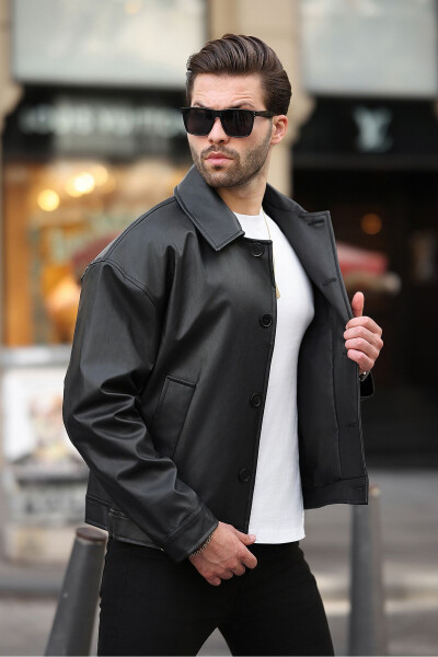 Premium Quality Water Repellent Oversized Black Men's Leather Jacket Comfortable Fit, Trendy, with Pockets - 4