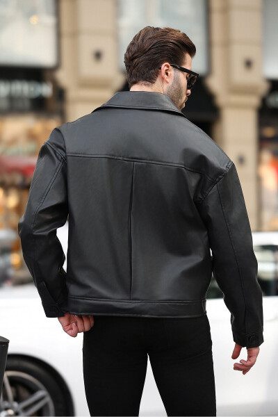 Premium Quality Water Repellent Oversized Black Men's Leather Jacket Comfortable Fit, Trendy, with Pockets - 5