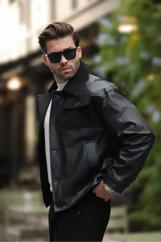 Premium Sifatli Suv O'tkazmaydigan Katta O'lchamli Kasmir Cho'ntakli Qora Erkaklar Charm Kurtkasi Qulay Qolip, Trendy, cho'ntakli - Qora Kasmir Cho'ntakli - 4