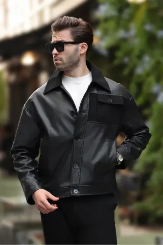 Premium Sifatli Suv O'tkazmaydigan Katta O'lchamli Kasmir Cho'ntakli Qora Erkaklar Charm Kurtkasi Qulay Qolip, Trendy, cho'ntakli - Qora Kasmir Cho'ntakli - 5