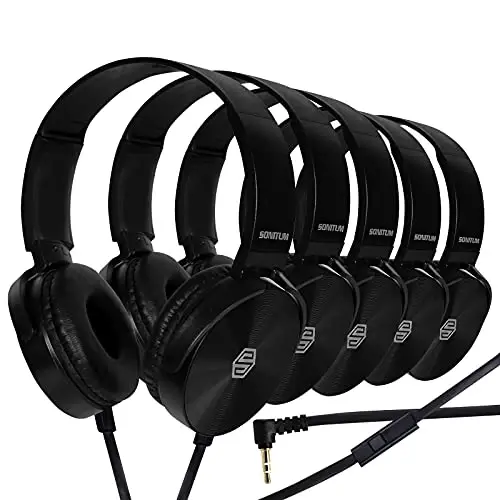 Premium Classroom Headphone & Mic Set 3.5mm Jack Stereo Sound Earphones with Microphone & Soft Swivel On Ear Pads- Perfect for E-Learning, Meetings, Calls - Bulk Pack of 5 (Black) 