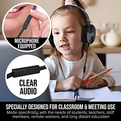 Premium Classroom Headphone & Mic Set 3.5mm Jack Stereo Sound Earphones with Microphone & Soft Swivel On Ear Pads- Perfect for E-Learning, Meetings, Calls - Bulk Pack of 5 (Black) - 2