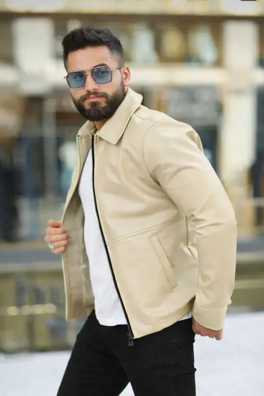 Premium Slim Fit Zipped Basic Leather Jacket - Cream Leather - BASEL.CO