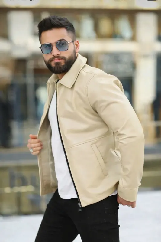 Premium Slim Fit Zippersiz Asosiy Teri Kurtka - Krem rang teri - 3