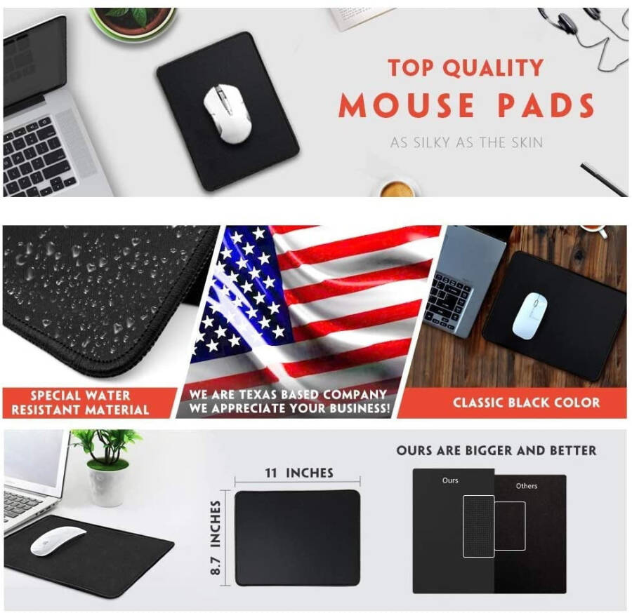 Premium-Textured, Stitched Edge, Large Mouse Pad. Natural Non-Slip Rubber Base. Mousepad for Laptop, Computer & PC, 11 x 8.7 inches, Black. - 11