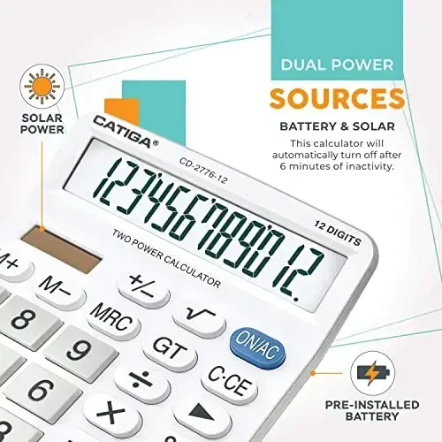 Premium Tijorat 12 Xonali Katta Stol Kalkulyatori, Katta 5 Dyumli LCD Displey Ekran, Ulkan Javob Tugmachalari, Batareya va Quyosh Energiyasi bilan ishlaydi, Uy/Ofis Buxgalteriya Hisobi uchun ideal, CD-2776 - 4