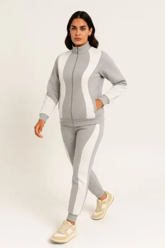 Premium Tracksuit Set - High Neck Zippered Sweatshirt - Gray - BÜYÜKBEDENIZ