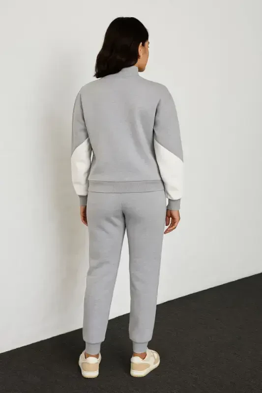 Premium Tracksuit Set - High Neck Zippered Sweatshirt - Gray - 3