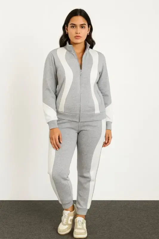 Premium Tracksuit Set - High Neck Zippered Sweatshirt - Gray - 4