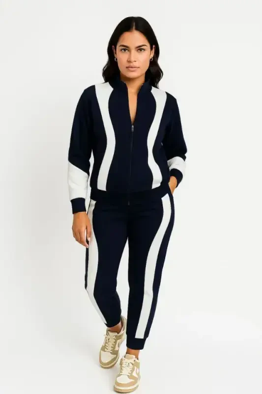 Premium Tracksuit Set - Stand-Up Collar Zippered Sweatshirt - Black - BÜYÜKBEDENIZ