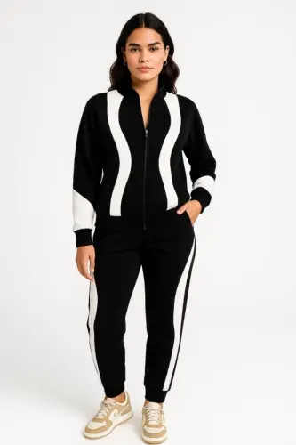 Premium Tracksuit Set - Stand-Up Collar Zippered Sweatshirt - Black - 3