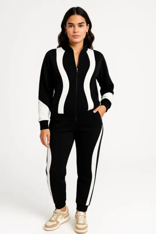 Premium Tracksuit Set - Stand-Up Collar Zippered Sweatshirt - Black - 3