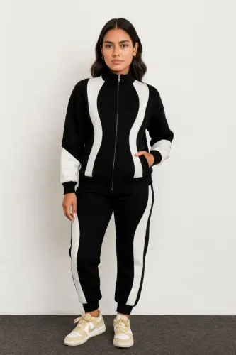 Premium Tracksuit Set - Stand-Up Collar Zippered Sweatshirt - Black - 4