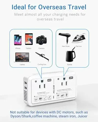 Преобразователь напряжения BESTEK 2000W Travel, понижающий напряжение с 240 В до 120 В, с 2-портовой USB-зарядкой 2,4 А для фена/плойки/телефона, адаптер для стран Европы (красный) - 2