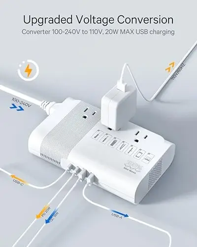 Преобразователь напряжения DOACE Max 500W Step Down 100-220V в 110V, преобразователь мощности с чистой синусоидой с 2 USB-C, 2 USB-A портами, 3 розетками переменного тока, универсальный адаптер питания EU, UK, AU, IT более 200 стран - 4