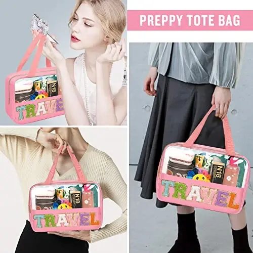 Preppy Chenille harfli shaffof sayohat kosmetika sumkalari, sayohat uchun zarur bo'lgan katta shaffof bo'yanish sumkasi, tutqichli fermuarli sumka, ayollar uchun suv o'tkazmaydigan neylon kosmetika tualet buyumlari uchun sumka (TRAVEL-Pushti) - 5