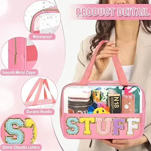 Preppy Chenille harfli tiniq kosmetika sumkalari, sayohat uchun zarur katta tiniq bo'yanish sumkasi, tutqichli fermuarli sumka, ayollar uchun suv o'tkazmaydigan neylon kosmetika uchun hojatxona sumkasi (STUFF-Pushti) - 3