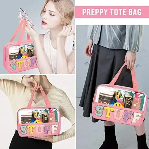 Preppy Chenille harfli tiniq kosmetika sumkalari, sayohat uchun zarur katta tiniq bo'yanish sumkasi, tutqichli fermuarli sumka, ayollar uchun suv o'tkazmaydigan neylon kosmetika uchun hojatxona sumkasi (STUFF-Pushti) - 5