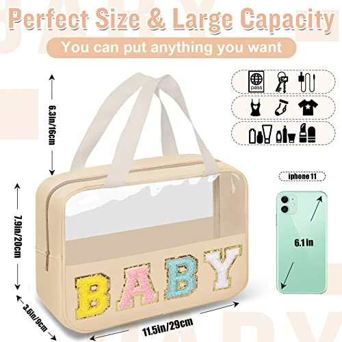 Preppy Clear Baby Makeup Bags with Chenille Letter Patches, Travel Essentials Large Clear Make up Bag Zipper Pouch with Handle, Waterproof Nylon Cosmetic Toiletry Storage Tote for Women (BABY-Beige) - Preppy (1)