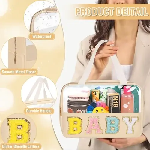 Preppy Clear Baby Makeup Bags with Chenille Letter Patches, Travel Essentials Large Clear Make up Bag Zipper Pouch with Handle, Waterproof Nylon Cosmetic Toiletry Storage Tote for Women (BABY-Beige) - 3