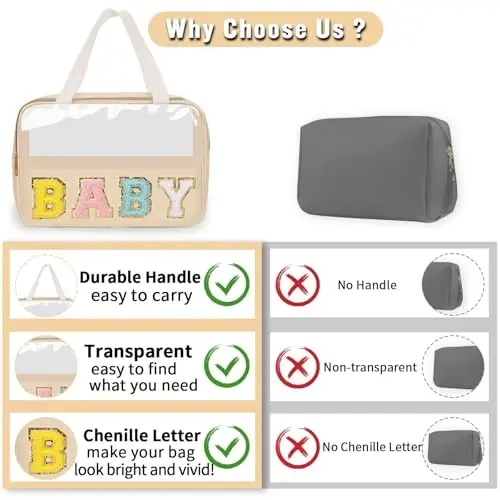 Preppy Clear Baby Makeup Bags with Chenille Letter Patches, Travel Essentials Large Clear Make up Bag Zipper Pouch with Handle, Waterproof Nylon Cosmetic Toiletry Storage Tote for Women (BABY-Beige) - 4