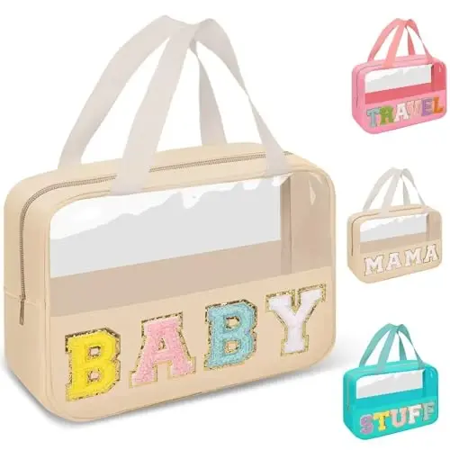 Preppy Clear Baby Makeup Bags with Chenille Letter Patches, Travel Essentials Large Clear Make up Bag Zipper Pouch with Handle, Waterproof Nylon Cosmetic Toiletry Storage Tote for Women (BABY-Beige) - PREPPY