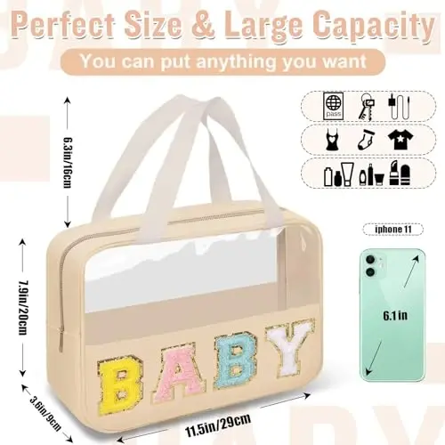 Preppy Clear Baby Makeup Bags with Chenille Letter Patches, Travel Essentials Large Clear Make up Bag Zipper Pouch with Handle, Waterproof Nylon Cosmetic Toiletry Storage Tote for Women (BABY-Beige) - PREPPY (1)