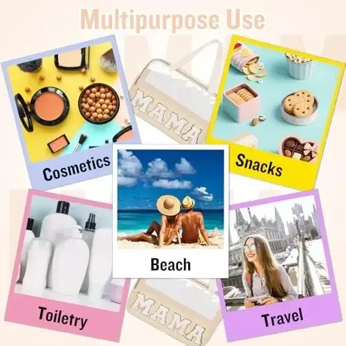 Preppy Clear Mama Makeup Bags with Chenille Letter Patches, Travel Essentials Large Clear Make up Bag Zipper Pouch with Handle, Waterproof Nylon Cosmetic Toiletry Storage Tote for Women (MAMA-Beige) - PREPPY (1)