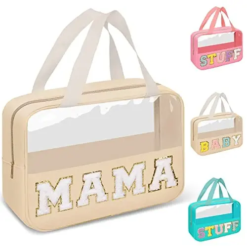Preppy Clear Mama Makeup Bags with Chenille Letter Patches, Travel Essentials Large Clear Make up Bag Zipper Pouch with Handle, Waterproof Nylon Cosmetic Toiletry Storage Tote for Women (MAMA-Beige) - PREPPY (1)
