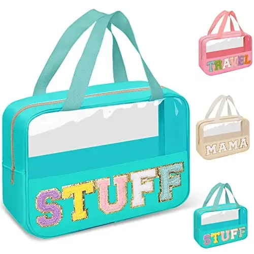 Preppy Clear Stuff Makeup Bags with Chenille Letter Patches, Travel Essentials Large Clear Make up Bag Zipper Pouch with Handle, Waterproof Nylon Cosmetic Toiletry Storage Tote for Women (STUFF-Green) 