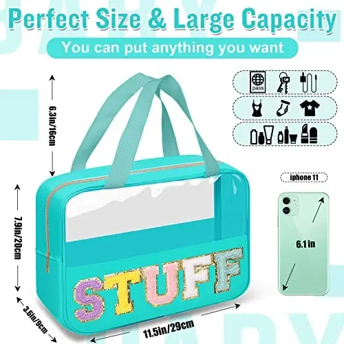 Preppy Clear Stuff Makeup Bags with Chenille Letter Patches, Travel Essentials Large Clear Make up Bag Zipper Pouch with Handle, Waterproof Nylon Cosmetic Toiletry Storage Tote for Women (STUFF-Green) - 2