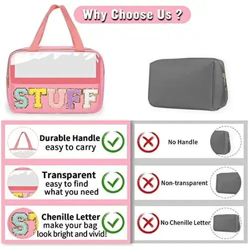 Preppy Clear Stuff Makeup Bags with Chenille Letter Patches, Travel Essentials Large Clear Make up Bag Zipper Pouch with Handle, Waterproof Nylon Cosmetic Toiletry Storage Tote for Women (STUFF-Pink) - 4