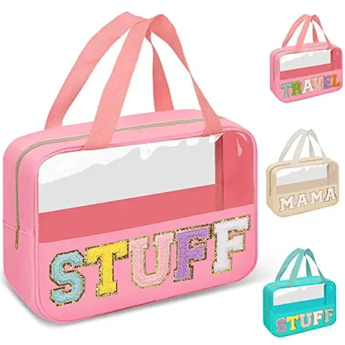 Preppy Clear Stuff Makeup Bags with Chenille Letter Patches, Travel Essentials Large Clear Make up Bag Zipper Pouch with Handle, Waterproof Nylon Cosmetic Toiletry Storage Tote for Women (STUFF-Pink) 