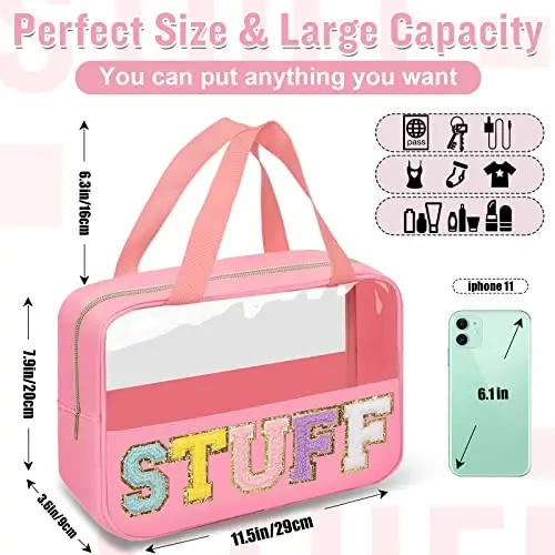 Preppy Clear Stuff Makeup Bags with Chenille Letter Patches, Travel Essentials Large Clear Make up Bag Zipper Pouch with Handle, Waterproof Nylon Cosmetic Toiletry Storage Tote for Women (STUFF-Pink) - 2