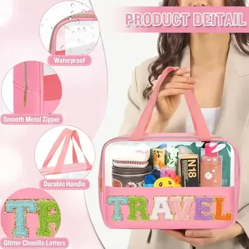 Preppy Clear Travel Makeup Bags with Chenille Letter Patches, Travel Essentials Large Clear Make up Bag Zipper Pouch with Handle, Waterproof Nylon Cosmetic Toiletry Storage Tote for Women(TRAVEL-Pink) - 1