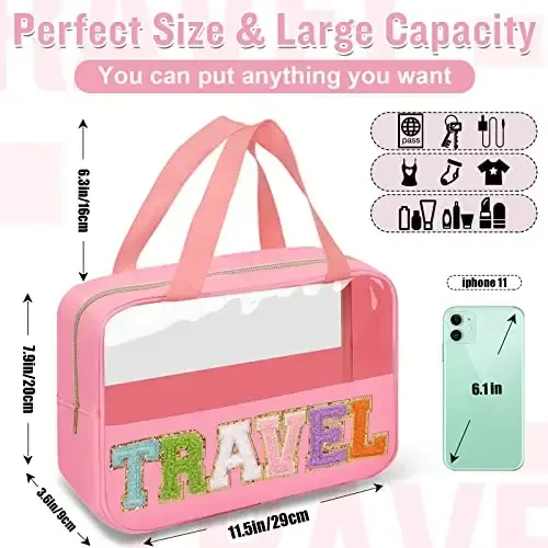 Preppy Clear Travel Makeup Bags with Chenille Letter Patches, Travel Essentials Large Clear Make up Bag Zipper Pouch with Handle, Waterproof Nylon Cosmetic Toiletry Storage Tote for Women(TRAVEL-Pink) - 3