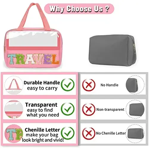 Preppy Clear Travel Makeup Bags with Chenille Letter Patches, Travel Essentials Large Clear Make up Bag Zipper Pouch with Handle, Waterproof Nylon Cosmetic Toiletry Storage Tote for Women(TRAVEL-Pink) - 4