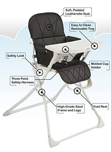 Primo PopUp Folding High Chair (for Baby Age 6 to 36 Months) Black Folding Beach Chair Style High Chair with Removable Dishwasher Safe Tray, 3pt Safety Harness, Leatherette Seat – Space Saving Design - 18