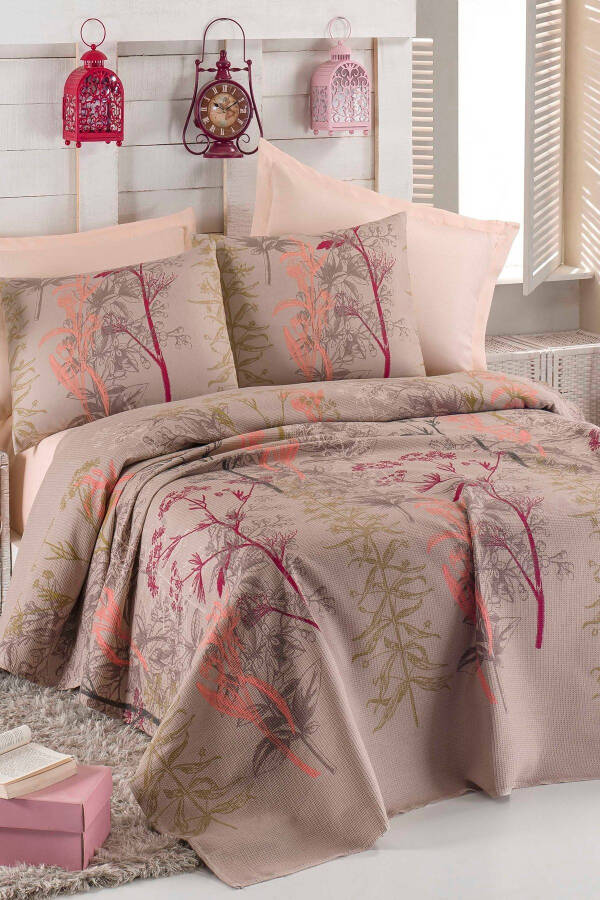 Printed Double Bed Urla Beige Quilt Set - 5