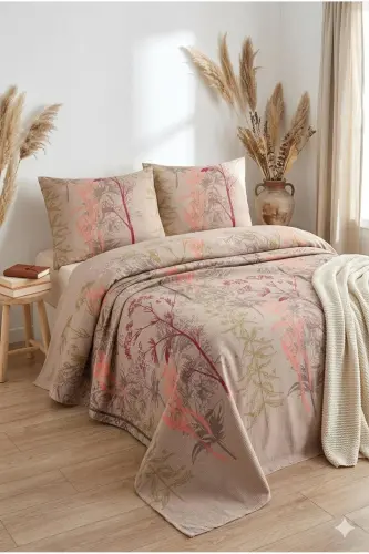 Printed Double Bed Urla Beige Quilt Set - EPONJ HOME