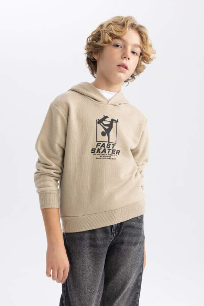 Printed Hooded Thick Sweatshirt Beige for Boys - 1