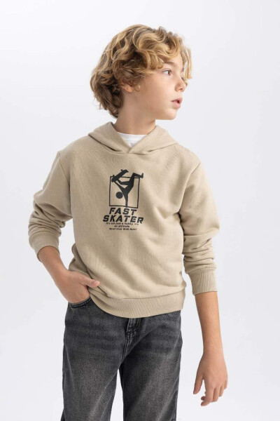 Printed Hooded Thick Sweatshirt Beige for Boys - 4