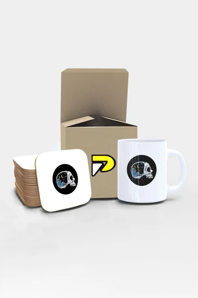 Printed Mug Cup Set with Coffee Drinking Skeleton Design - POSTERMANYA