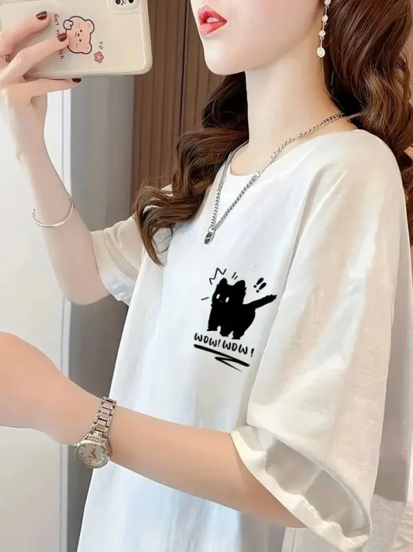 Printed Oversize Crew Neck T-shirt - White - 2