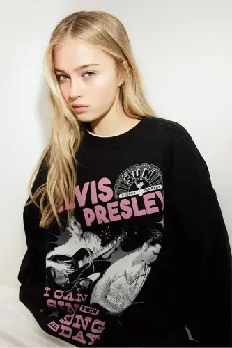 Printed Oversize Sweatshirt - Black/Elvis Presley - 1