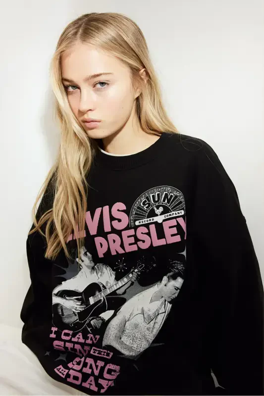 Printed Oversize Sweatshirt - Black/Elvis Presley - 1