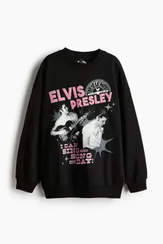 Printed Oversize Sweatshirt - Black/Elvis Presley - 3