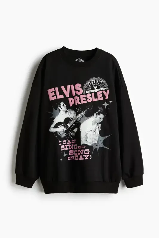 Printed Oversize Sweatshirt - Black/Elvis Presley - 3