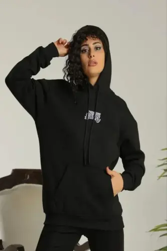 Printed Oversize Three-Thread Hooded Sweatshirt - Black - BÜYÜKBEDENIZ (1)